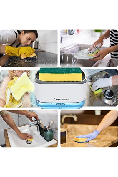 Pescador Dishwashing Liquid Container for Modern Kitchen (White, Pump + 6 Sponges)