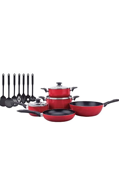 cookline مجموعة أواني طهي غير لاصقة من الألومنيوم المضغوط، 15 قطعة، سطح خارجي أحمر لامع مع قاعدة حثية