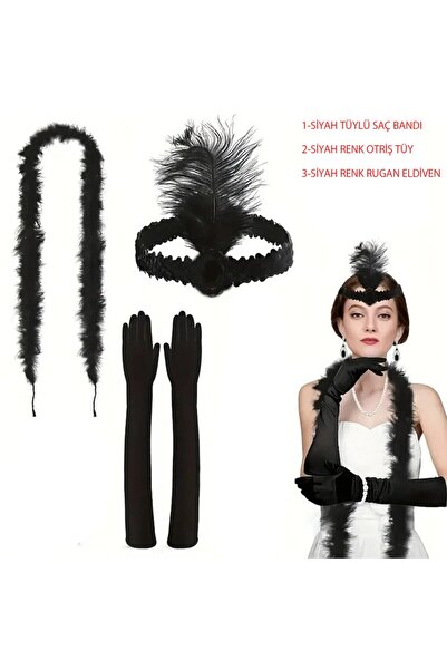 lowell home طقم رباط شعر أسود على طراز عشرينيات القرن الماضي، وقفازات سوداء من الجلد اللامع، وطقم أوتريش أسود