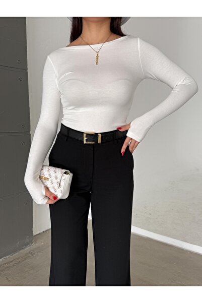 fayora Kadın Prenses Kayık Yaka Parmak Geçmeli Esnek Kumaş Body Bluz