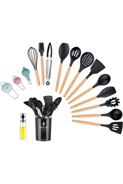 Pescador مجموعة أدوات مطبخ خشبية من السيليكون مع موزع زيت، 16 قطعة، أسود