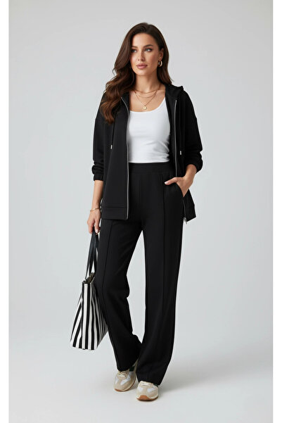 MetuCA Γυναικείο μαύρο σετ με κουκούλα με φερμουάρ και παντελόνι Palazzo με ρ...