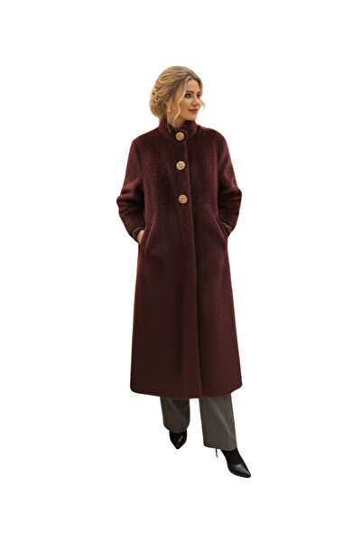 Tradinyom Women's Coat Burgundy Colored Soft Fur Coat – Concealed Buttons, Stylish and Modern Design