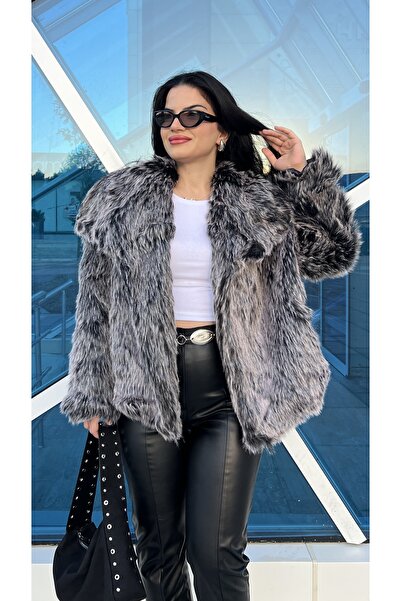 Butik معطف فرو صناعي فاخر بلونين رمادي