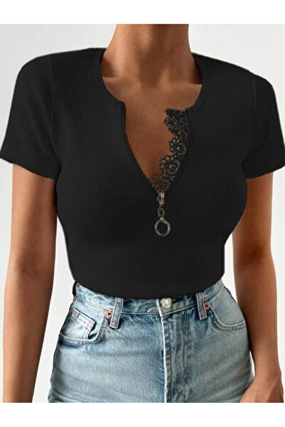 DEAG Women's White Collar Lace and Zippered Camisole Blouse