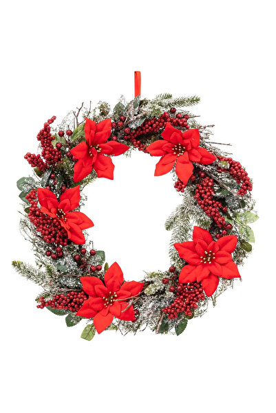 Fééric Lights and Christmas Coroană decorativă de Crăciun cu flori de Poinsettia, 50 cm, verde și roșu