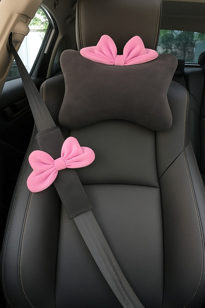 merdümek Ribbons pembe oto koltuk yastığı ve emniyet kemeri kılıfı ikili set