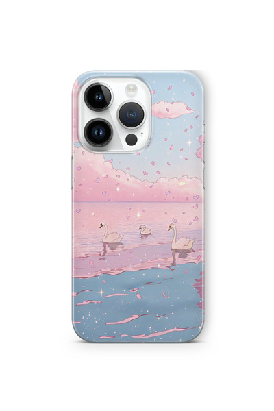 FLAMENKO iPhone 14 Pro Max Uyumlu Pembe Gökyüzü ve Kuğu Desenli Şeffaf Telefo...