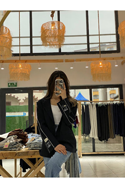 BellaVita Botuique Lacivert Yazı ve Fermuar Detaylı Blazer Ceket
