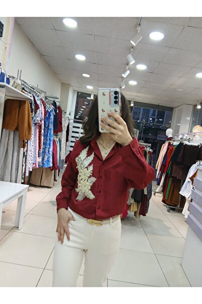 Simge Moda Boncuk İşlemeli Bordo Gömlek