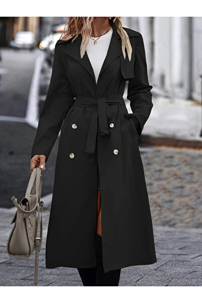 Velara Women's Long Sleeve Neck Front Button Waist Belt Midi Gabardine Trench Coat