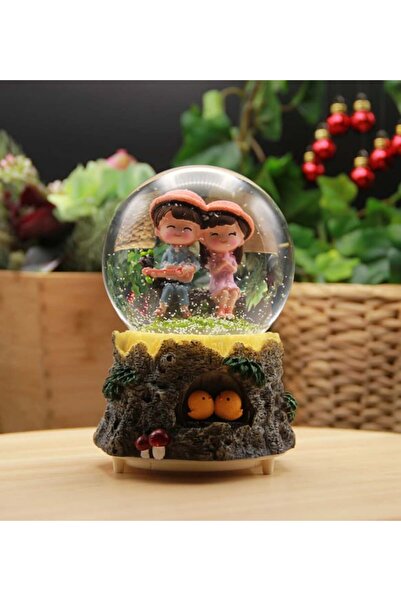 keyfim shop Kütük Üzerinde Oturan Sevgililer Işıklı Müzikli Orta Boy Kar Küresi