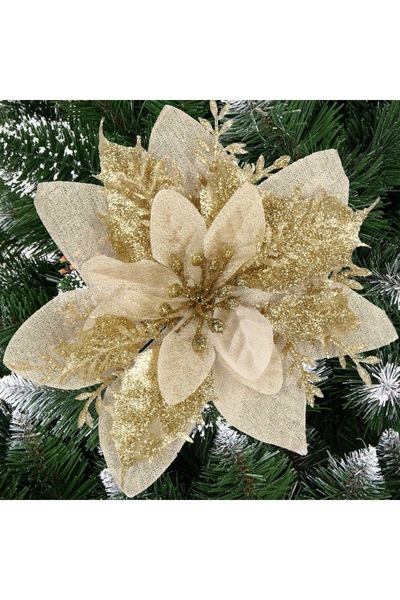 SERSIMO Set de 10 ornamente de Crăciun pentru brad, stea Poinsettia, 13 cm, crem auriu