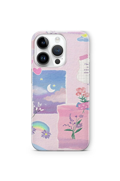 FLAMENKO iPhone 15 Pro Uyumlu Pastel Çiçekli Ay ve Gökkuşağı Desenli Şeffaf T...