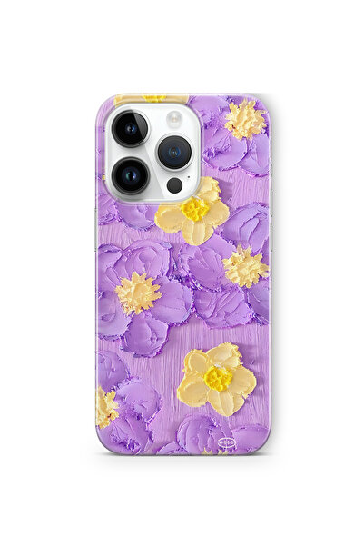 FLAMENKO iPhone 15 Pro Uyumlu Mor Sarı Çiçek Desenli Şeffaf Telefon Kılıfı