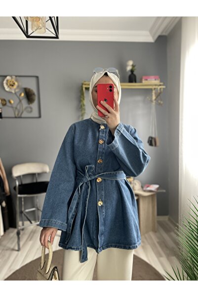 byalisdmr Denim kumaş Seyyar kuşaklı Tasarım düğmeli Prenses Kot Ceket -Buz m...