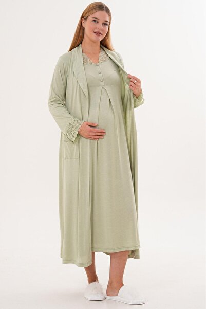 Mecit Pijama Mecit 6331 Green Maternity Nightgown Set with Dressing Gown