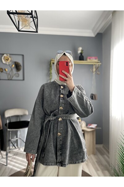 byalisdmr Denim Fabric Mobile Belt Design Buttoned Princess Denim Jacket -Gray