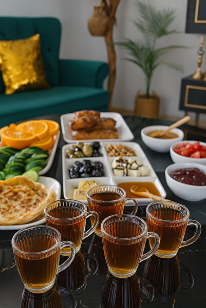 Gülümseten Avm 6-Piece Glass Tea Cup with Handle |   Vertical Striped Origami Pattern Handled Cup |   Neskahve Bardağı