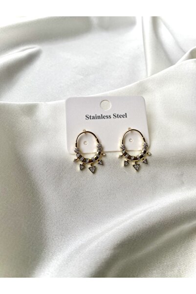 stainless steell Üçgen Desen Taşlı Çelik Küpe