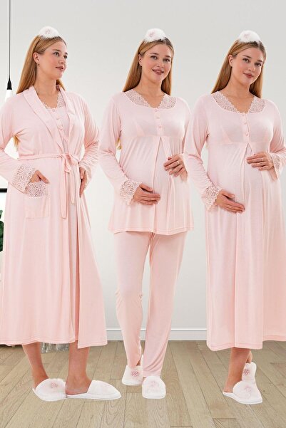 Mecit Pijama Mecit 6332 Pudra Sabahlık Gecelik Pijama Hamile Lohusa Set