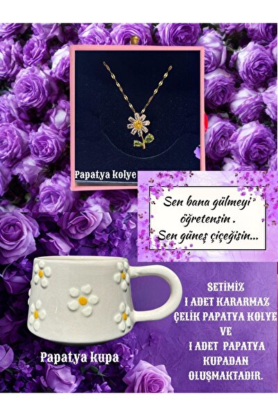 Perry Accesories kararmaz çelik papatya kolye ve papatya motifli kupa hediye seti konsept kutuda hediye