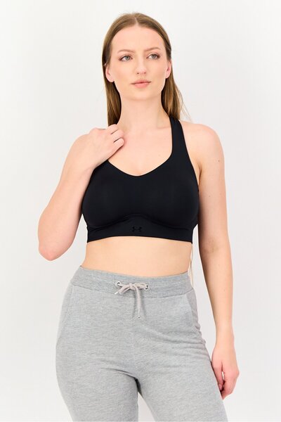Under Armour حمالة صدر رياضية مبطنة بشعار العلامة التجارية للنساء، باللون الأسود