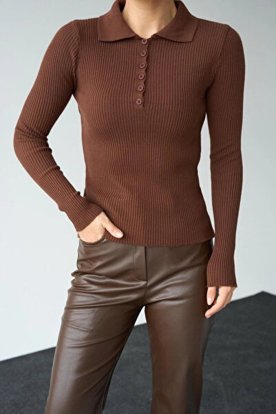 ASH GİYİM Polo Neck 6 Button Sweater Brown