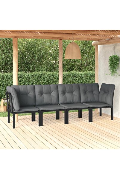 vidaxl طقم أثاث حديقة مكون من 4 قطع من البولي روطان باللونين الأسود والرمادي