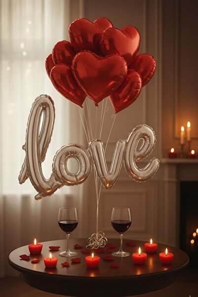 Baloncu Demmo 5 li Kırmızı Kalp ve 1 Adet Love Folyo Balon, Mum, Rafya, Balon...