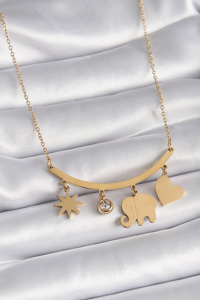 Skygo 316L Steel Gold Color Elephant Figure Zircon Stone Detail Women's Necklace - Tj-Bko9408