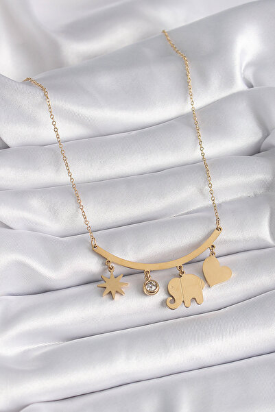 Skygo 316L Steel Gold Color Elephant Figure Zircon Stone Detail Women's Necklace - Tj-Bko9408