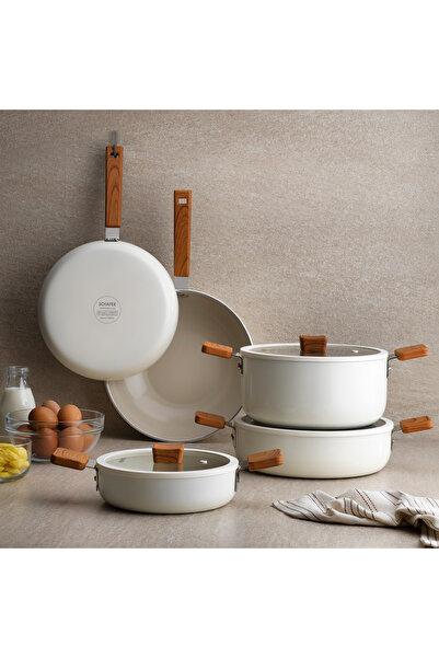 Schafer Ceramoni Ceramic Wok Pan 28 Cm-Cream