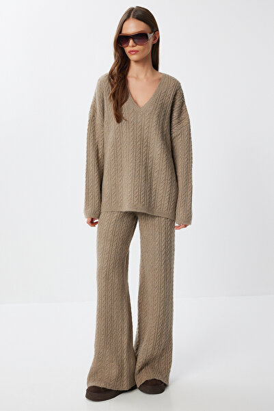 Lovelyİstanbul Saç Örgülü Triko Alt-Üst Takım LNS0090 VİZON