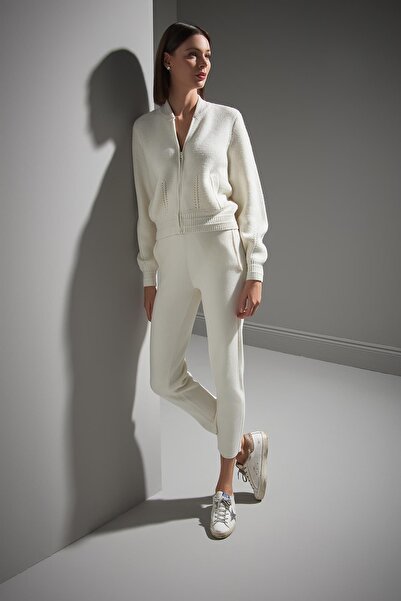 JOIN US Fermuarlı Ekru Bomber Triko Ceket