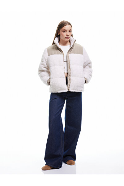 Koton Stand Collar Pocket Detailed Zippered Color Block Plush Coat