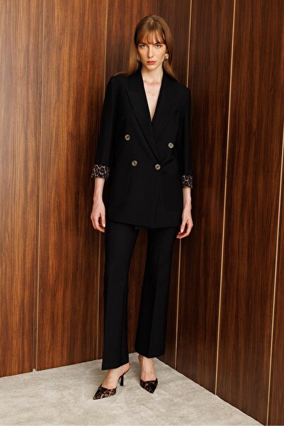 Moda İlgi Modailgi Kırlangıç Yaka Kruvaze Kapamalı Torba Cepli Leopar Astarlı Ceket Siyah