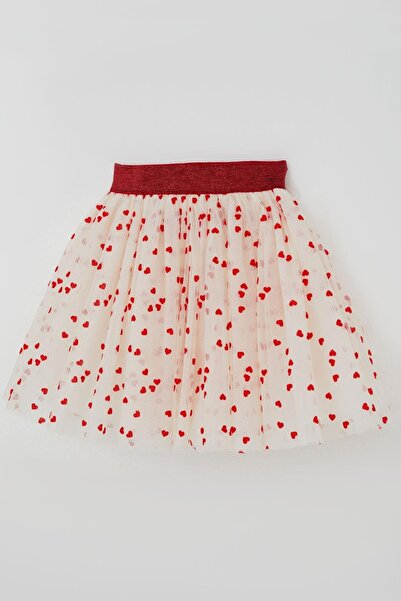 Breeze Girl's Tutu Skirt with Heart Pattern, Elastic Waist, Ages 5-10, Cream