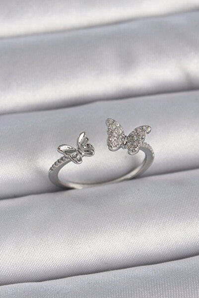 Skygo Brass Silver Color Adjustable Zircon Stone Butterfly Model Women's Ring - Tj-Byk3375