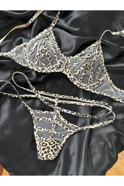 ateviaco Saten Biyeli Tül Sütyen Tanga Takım - Kapsız - Fashion - Lepoar