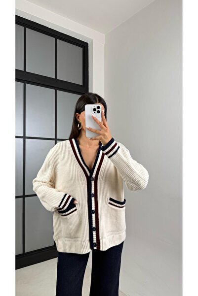 Gaus Ecru Stripe Detailed Knitted Sweater Cardigan Gaus-00536