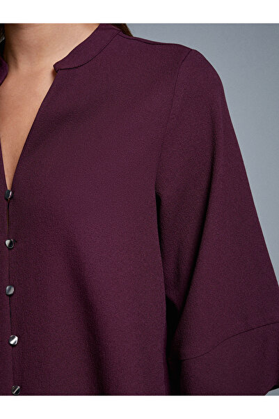 Dilvin 50530 V Yaka Düğmeli Bluz-Bordo