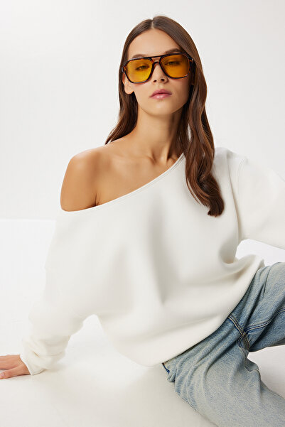 Lovelyİstanbul Πλεκτό φούτερ με ανοιχτούς ώμους επένδυση fleece LAN0076 KEMİK