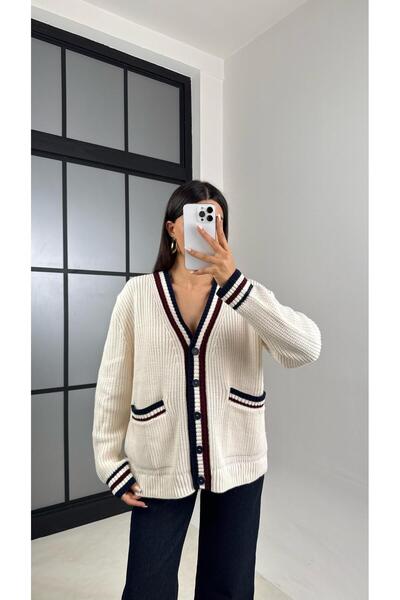 Gaus Ecru Stripe Detailed Knitted Sweater Cardigan Gaus-00536