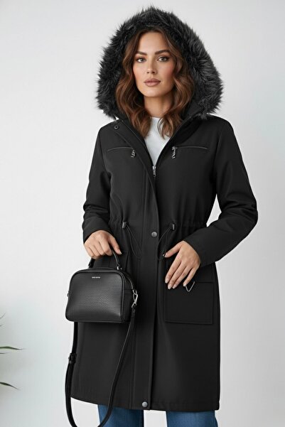 hiramir Yeni Sezon Kadın Kürk Kapüşonlu Astarlı Mont Siyah KS2562