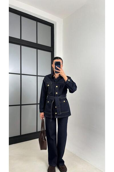 Gaus بدلة دنيم بتصميم أزرق داكن مع أزرار ذهبية طويلة GAUS-00586