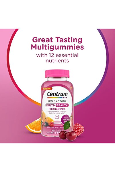 Centrum MultiGummies Multi+ Beauty Dual Action Multivitamin, Biotin for Hair Skin Nails, Cherry/Berr