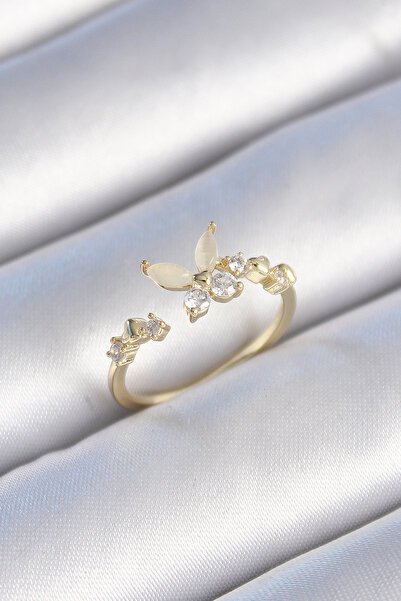 Skygo Brass Gold Color Zircon Stone Detailed White Enameled Butterfly Model Women's Ring - Tj-Byk3432