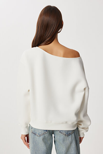 Lovelyİstanbul Πλεκτό φούτερ με ανοιχτούς ώμους επένδυση fleece LAN0076 KEMİK