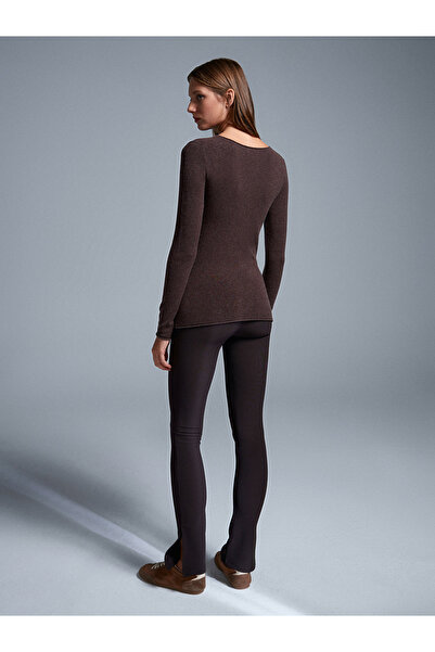 Dilvin 70385 Leggings with Slits on the Legs - Dark Brown